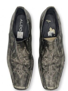 ALDO Men’s Distressed Slip-On Leather Loafers in Metallic Black